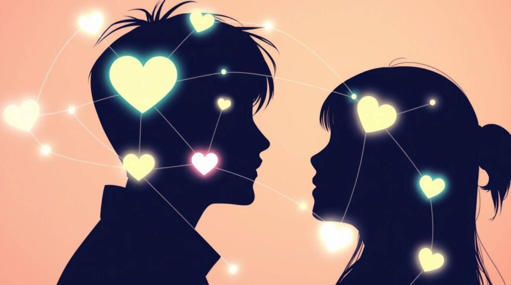 カップルのシルエットと周りにハートがつながった画像。スタイルは漫画風。