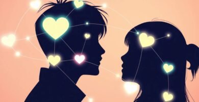 カップルのシルエットと周りにハートがつながった画像。スタイルは漫画風。