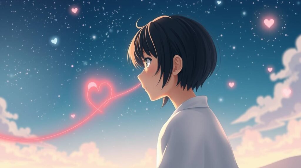 体からリボンが出ている若い男性の画像。リボンはハートの形をしており、背景には星とハートでいっぱいの空があり、アニメ風の画像です。