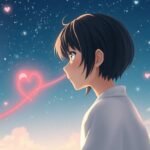 体からリボンが出ている若い男性の画像。リボンはハートの形をしており、背景には星とハートでいっぱいの空があり、アニメ風の画像です。