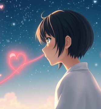 体からリボンが出ている若い男性の画像。リボンはハートの形をしており、背景には星とハートでいっぱいの空があり、アニメ風の画像です。