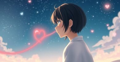 体からリボンが出ている若い男性の画像。リボンはハートの形をしており、背景には星とハートでいっぱいの空があり、アニメ風の画像です。